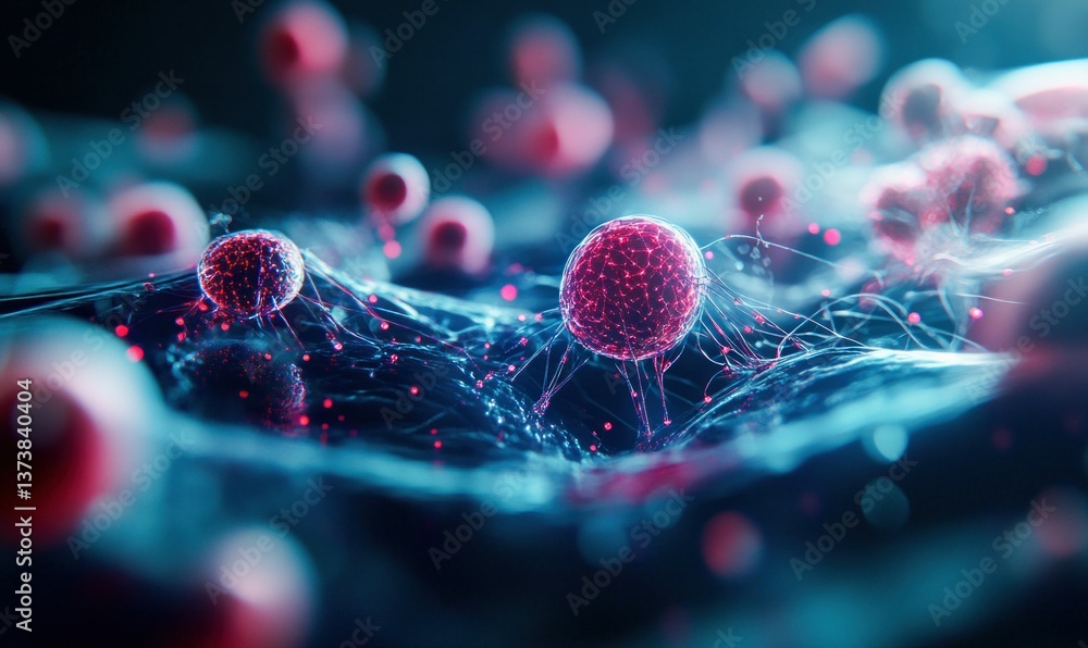 Poster intricate network of cells interconnected by fibers, representing the complexity of biological syste