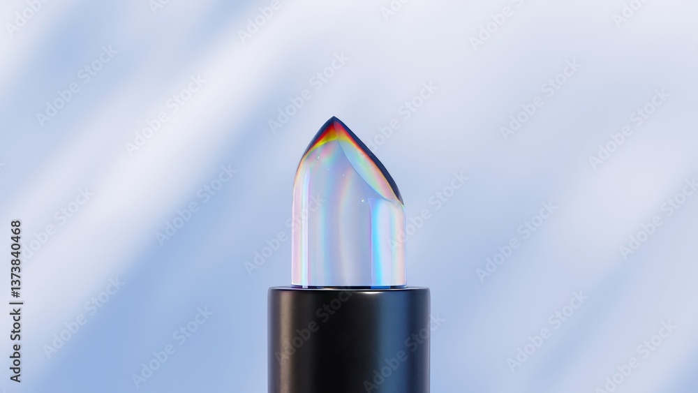 Poster holographic lipstick is filling up with red liquid, creating a beautiful and unique visual effect, s