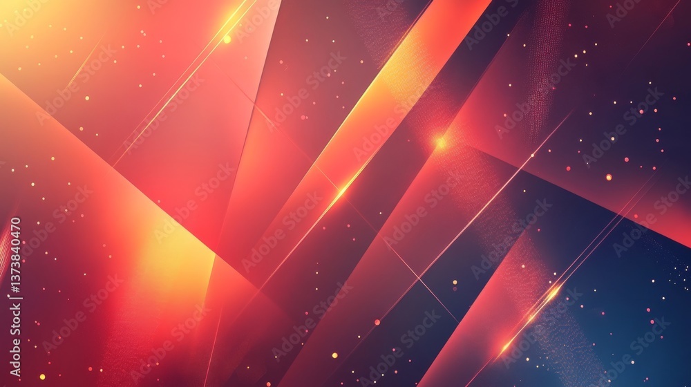 Poster bright geometric shapes in a dynamic composition, illuminated by radiant light and colorful gradient