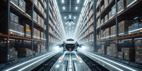 Fototapeta premium Warehouse Drone Delivery: Automated robots move parcels in futuristic distribution center for fast service.