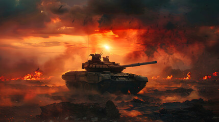 Fierce Battlefield with Tanks and Explosions in War


