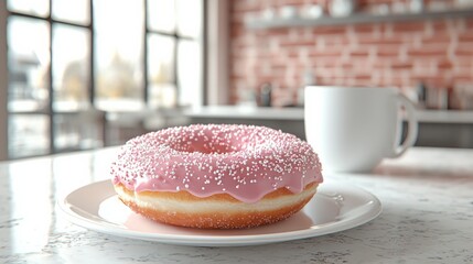 Sweet pink frosted donut on white plate with coffee cup in modern café interior