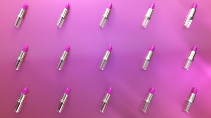 Fuchsia lipsticks with silver cases arranged elegantly, gracefully rotating and shifting against soft purple gradient background, showcasing beauty product design