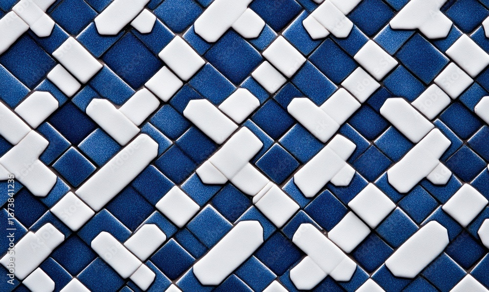 Poster detailed view of a blue and white tile pattern, showcasing a unique woven design and creating an eye