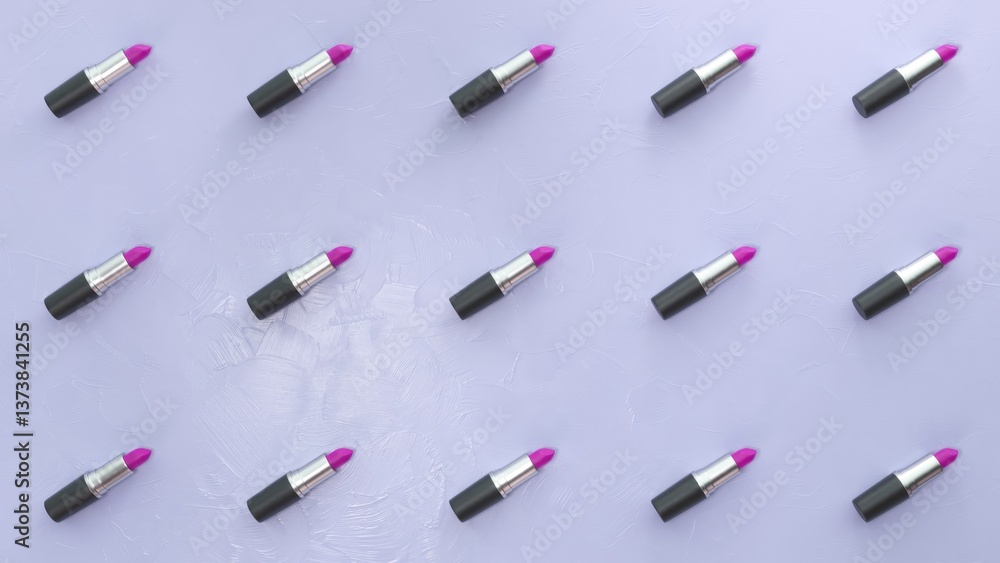 Poster fuchsia lipsticks are arranged on a light purple background, creating a repeating pattern across six
