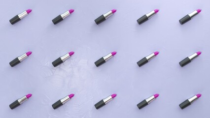 Obraz premium Fuchsia lipsticks are arranged on a light purple background, creating a repeating pattern across six panels, adding a vibrant pop of color to the scene