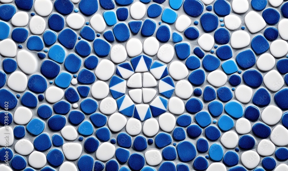 Poster a mesmerizing mosaic of blue and white tiles creates a circular pattern, perfect for backgrounds and