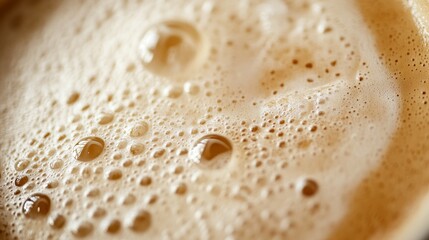 A detailed macro shot of frothy coffee, showcasing the texture of the foam with air bubbles and creamy swirls. Perfect for beverage themes, barista art, or food and drink backgrounds.. AI Generation