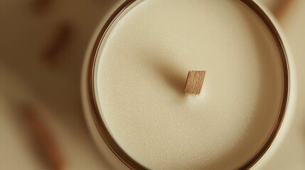 Close up of a scented candle with a wooden wick, set in a glass container, creating a cozy ambiance.