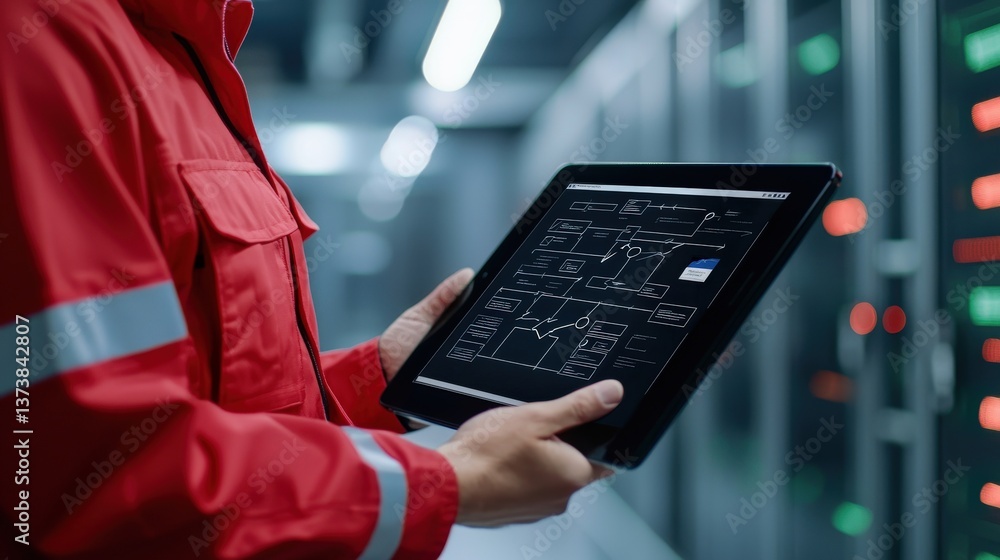 Aufkleber security researchers risk assessment monitoring concept. professional in red jacket using tablet in 