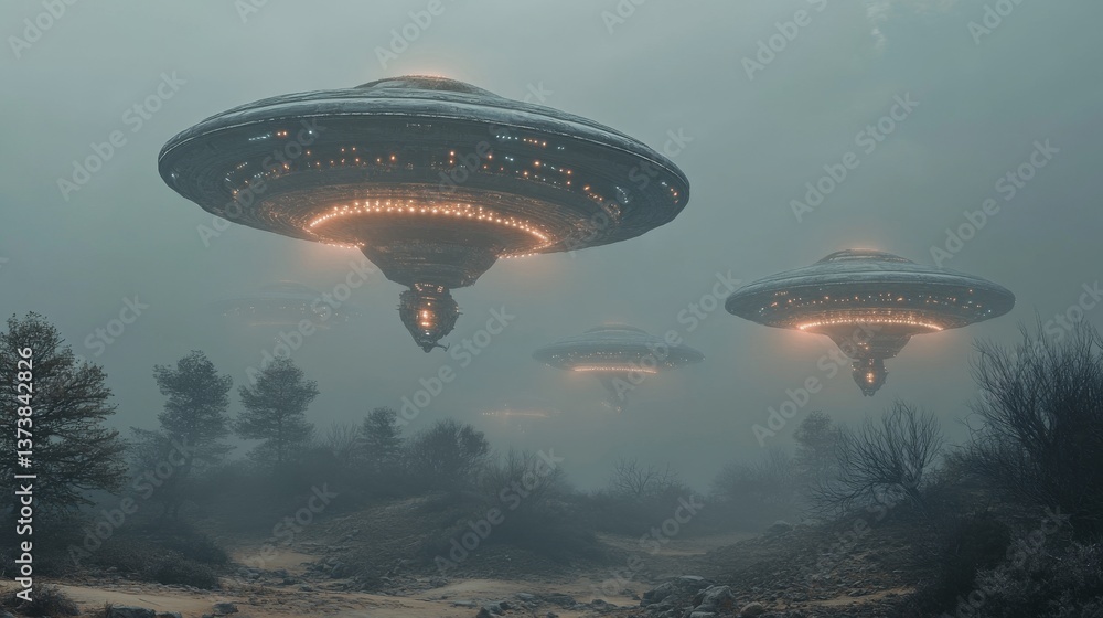 Poster several ufos hover in formation over a misty landscape with sparse trees. the glowing spacecrafts cr