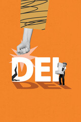 Art image vertical photo collage of anonym man instead head mouth carry box shipment delivery service dei letters inclusion fist