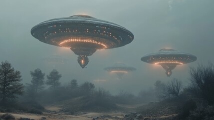 Several UFOs hover in formation over a misty landscape with sparse trees. The glowing spacecrafts create an eerie sci-fi scene, blending the natural world with futuristic, otherworldly elements.. AI