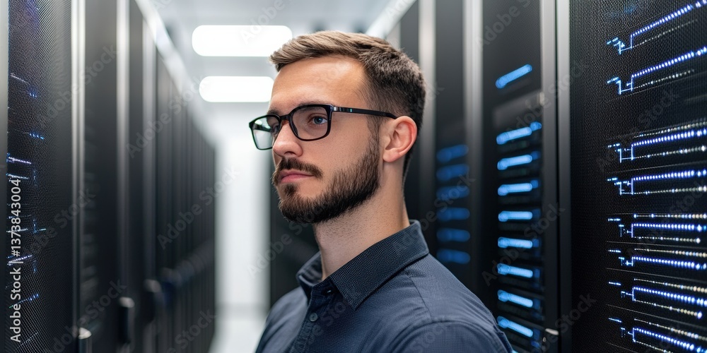 Aufkleber security researchers risk assessment monitoring concept. professional man in a data center with serv