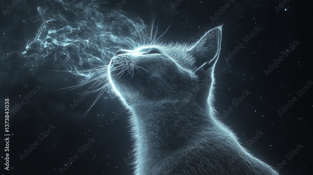 Poster a surreal image of a cat exhaling streams of light, set against a dark, starry backdrop. the etherea