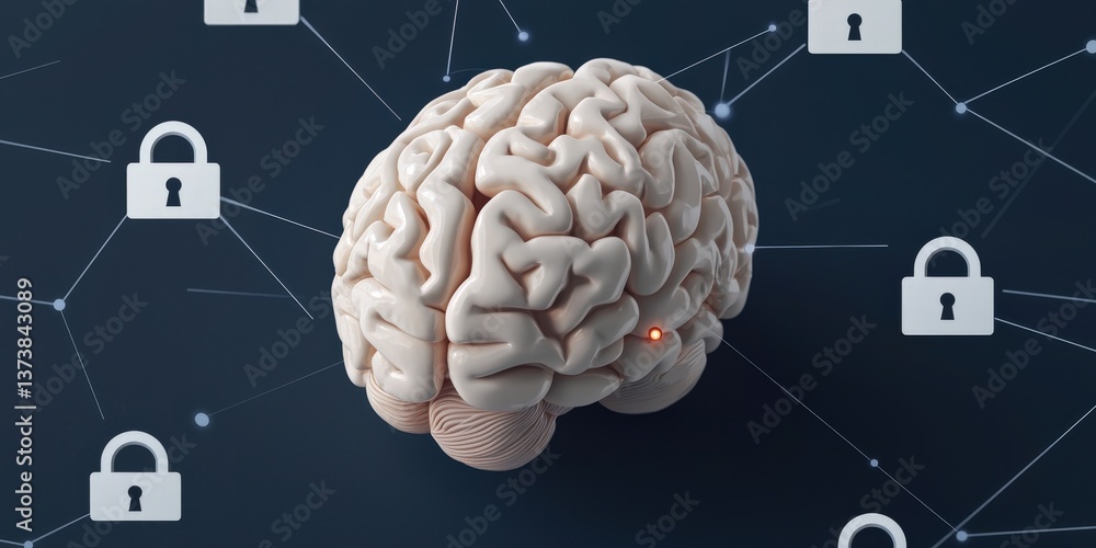 Poster security researchers risk assessment monitoring concept. brain with digital locks, symbolizing secur