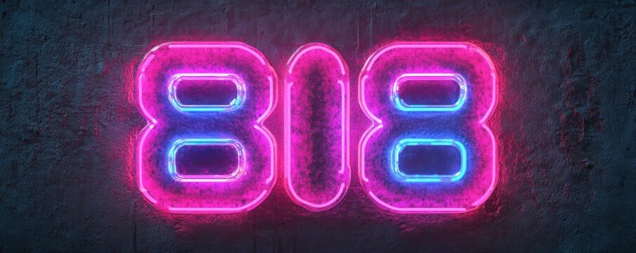 3D render of the number 808 made of pink and blue neon lights on a grunge textured background.
