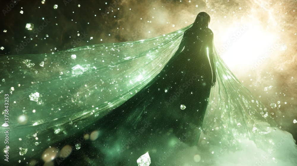 Poster a shadowy figure cloaked in flowing green fabric stands amidst a glowing, mystical environment. spar