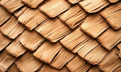 A close-up reveals a rustic wooden shingle pattern, creating a textured, natural surface with warm tones.