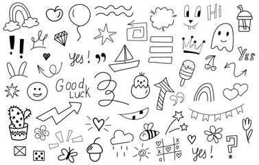 Naklejka premium Big set of cartoon doodle hand drawn elements. Line art. Crowns, hearts, stars, flowers, sparkles, arrows, lightnings, smiley, signs and other funny design elements іsolated on white background.