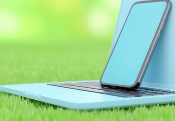 Smartphone on Laptop Keyboard in Green Grass Background