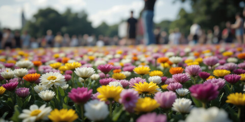 Close-Up Flower Field A vibrant field of colorful flowers stretches to the horizon, with a shallow depth of field blurring