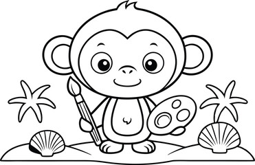 Cartoon Monkey Artist with Brush and Palette on Beach, Coloring Book Page style