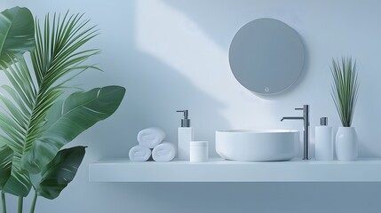 Fototapeta premium Serene bathroom scene featuring a beautiful plant on a minimalist shelf creating a relaxing and refreshing atmosphere