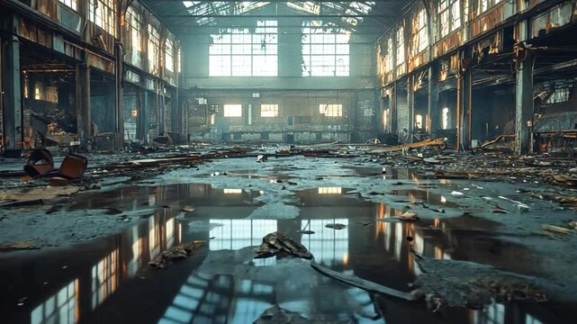 Ruined industrial Hall: A stunning view captures the remnants of an abandoned industrial hall, showcasing the interplay of natural light, decay, and architectural ruins.