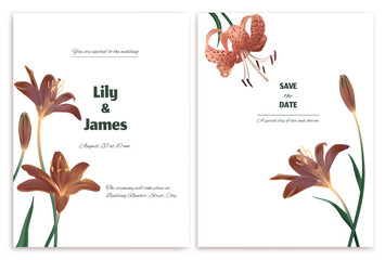 Beautiful burgundy and tiger lilies. Flowers. Buds. Border. Floral background. Bouquet. Green leaves. Wedding invitation.