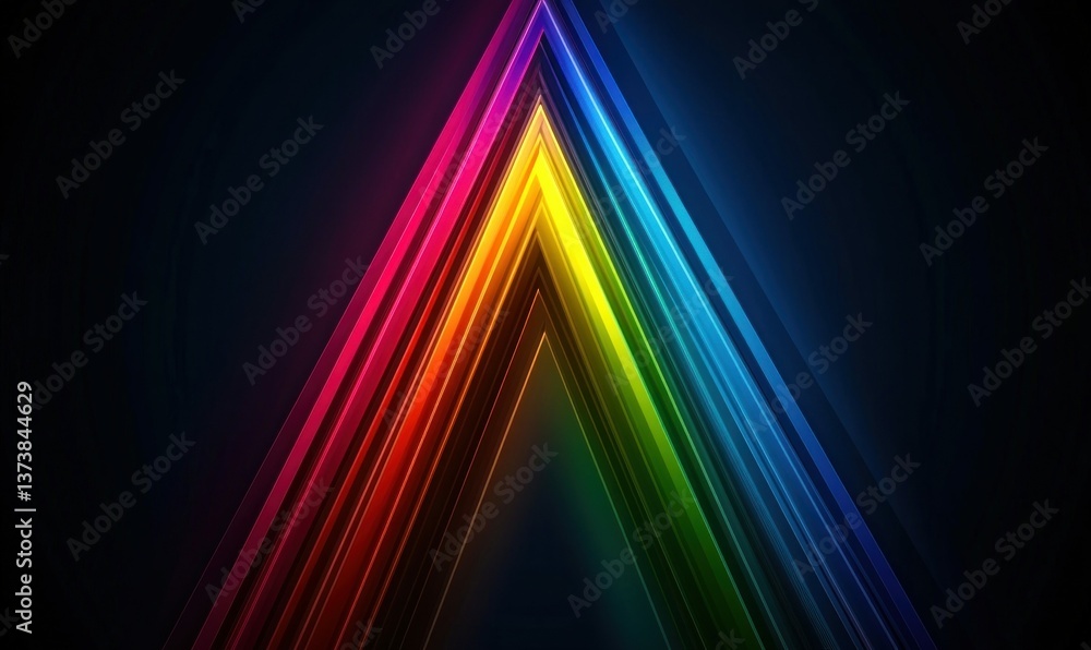 Poster vibrant, abstract triangle pattern created with layered neon light spectrum against a dark backgroun