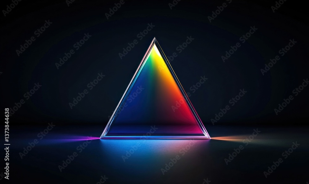 Poster optical triangular prism refracting vibrant light and creating a colorful rainbow spectrum.