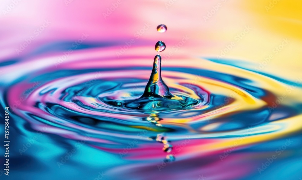 Poster captivating water drop collision creates vibrant concentric ripples on a colorful liquid surface.
