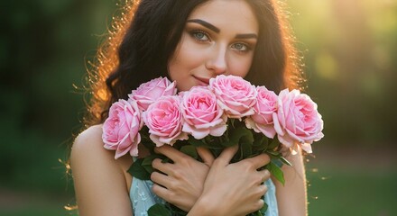Young woman holding pink roses in sunlight outdoors