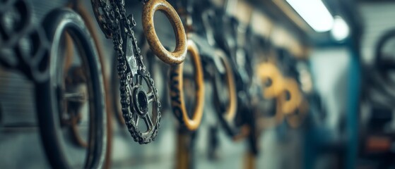 A rustic workshop filled with hanging bike gears, evoking stories of adventure and craftsmanship amid the dim, focused lighting.