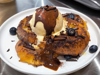 Delicious French Toast with Ice Cream and Chocolate Sauce