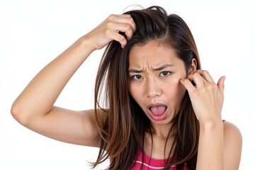 Naklejka premium A confused young Asian woman with long hair expresses frustration and exasperation, pulling at her hair with a puzzled and overwhelmed facial expression on a plain background.