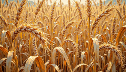 Golden wheat field at sunset with ripe stalks swaying