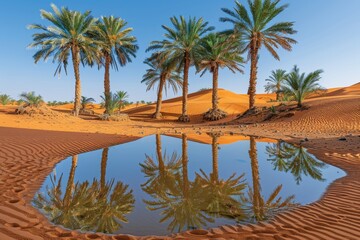 A serene desert oasis featuring palm trees reflected in a calm pool, surrounded by golden sand dunes under a clear blue sky.