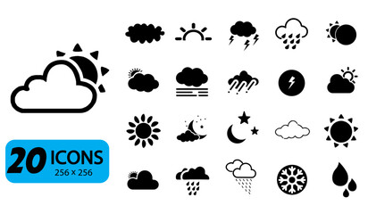 Set of 20 Weather and Climate Icons, Flat Style, 256x256 Pixels