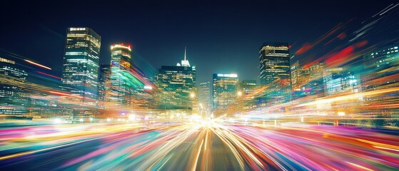 Vibrant city lights stretch into a dynamic blur, capturing the exhilarating energy and fast-paced excitement of an urban nightscape.