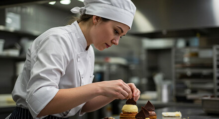 Female pastry chef decorating dessert in modern bakery