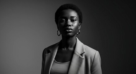 Confident Afro-American woman in black and white portrait with serious expression