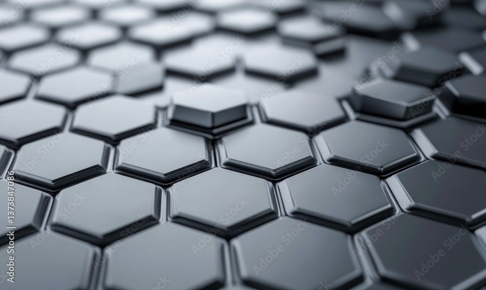 Poster shiny silver grey hexagons form a geometric pattern, with one elevated, creating a textured 3d effec