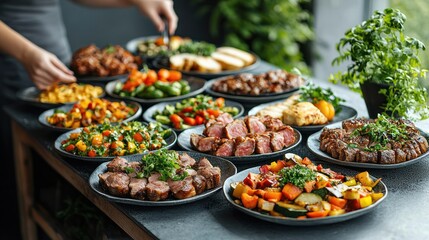 Fototapeta premium Buffet of assorted grilled meats and vegetables