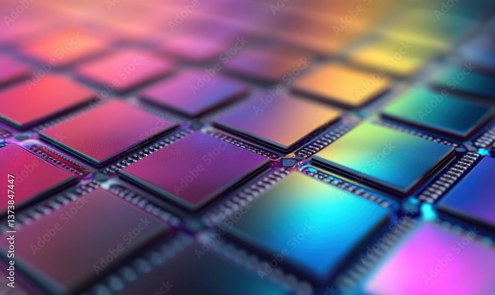 Poster an abstract close-up of colorful microchips arranged on a circuit board with a futuristic high-tech 