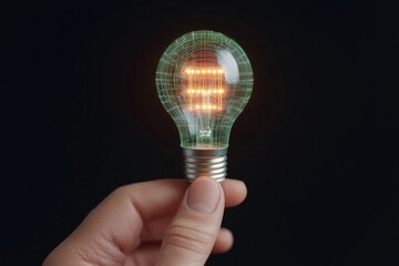 Hand holding glowing light bulb, showcasing intricate filament d