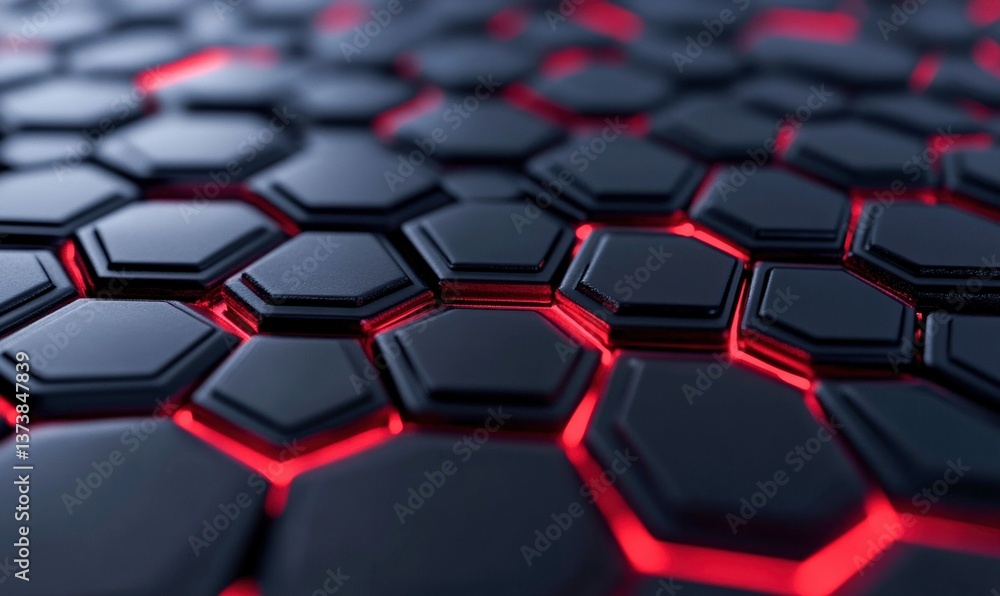 Poster elegant close-up of black hexagonal tiles with vibrant red glowing seams in a modern geometric patte