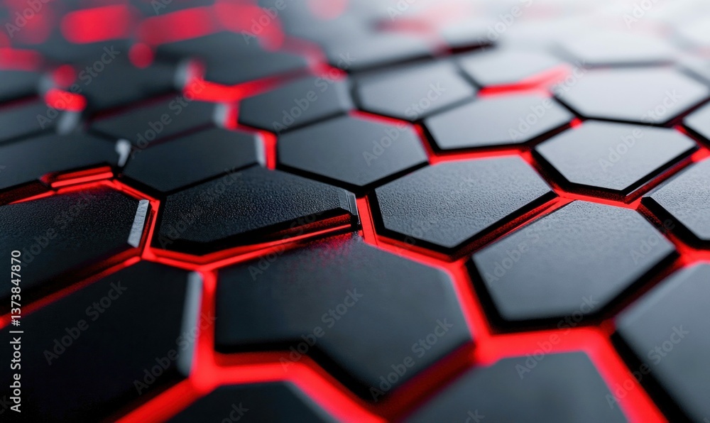 Poster a striking abstract background of black hexagons interlinked with vibrant red glowing fissures.