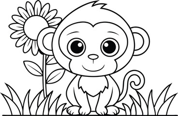 Outlined Monkey Sitting Near Sunflower with Big Eyes in a Transparent Background
